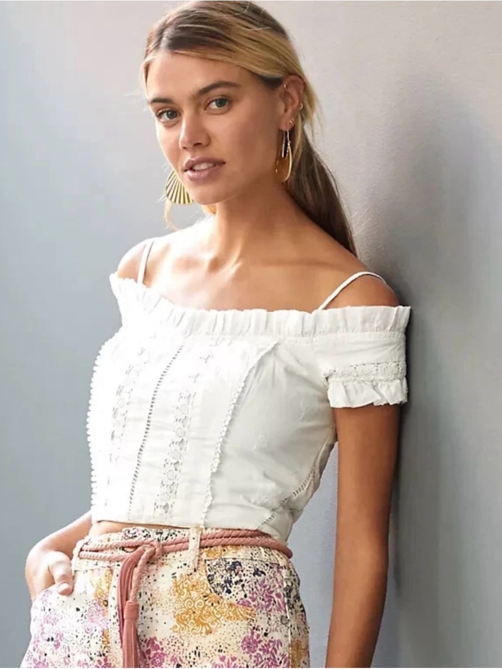 Anthropologie White Off-Shoulder Lace-Trim Crop Top